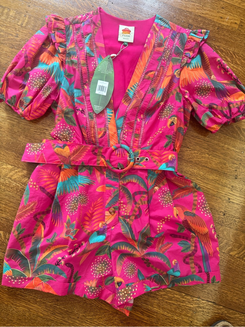 FARM Rio Pink Tropical Macaw Print Belted Romper NWT - Picture 5 of 10